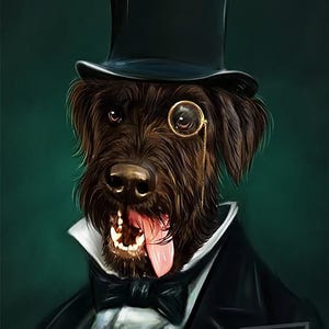 Puede incluir: Un perro negro con un sombrero de copa negro, una pajarita blanca y un monóculo. El perro tiene la lengua fuera y mira hacia la derecha. El fondo es de color verde oscuro.