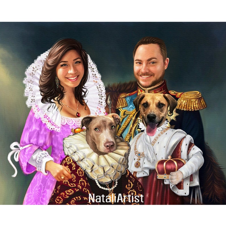 May include: A painting of a couple and their two dogs in a royal setting. The woman is wearing a pink dress with a white lace collar and a pearl necklace. The man is wearing a gold and red military uniform. The dogs are wearing royal robes and crowns. The painting is signed "NataliArtist".