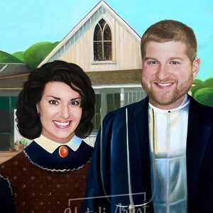 May include: A painting in the style of American Gothic, featuring a couple standing in front of a white house. The woman is wearing a brown dress with a white collar and a red brooch. The man is wearing a blue suit with a white shirt and a black tie. The painting is signed "Natali Artist" in the bottom right corner.