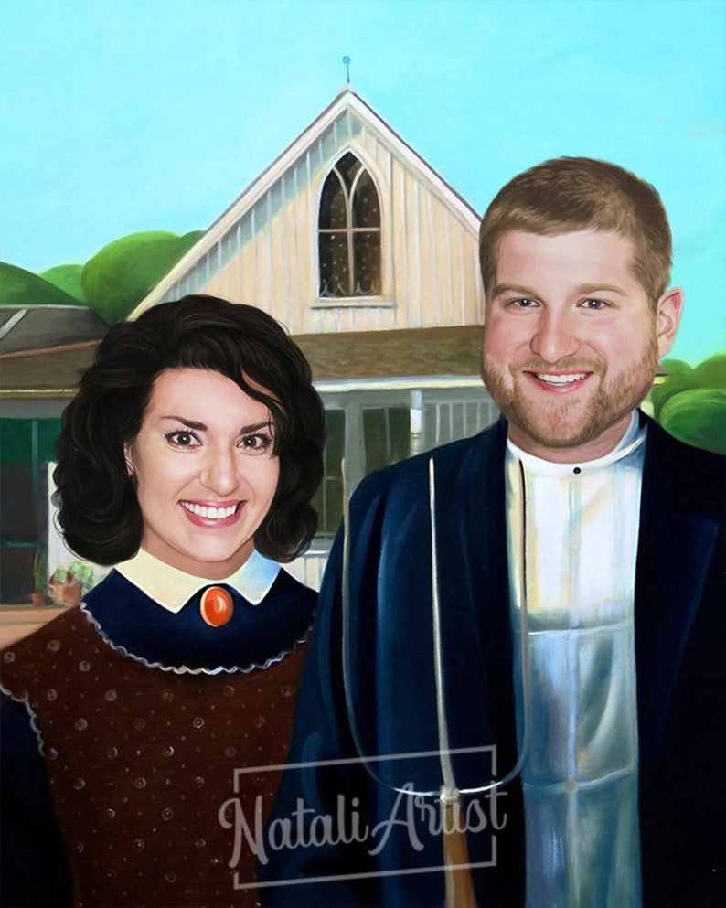 May include: A painting in the style of American Gothic, featuring a couple standing in front of a white house. The woman is wearing a brown dress with a white collar and a red brooch. The man is wearing a blue suit with a white shirt and a black tie. The painting is signed "Natali Artist" in the bottom right corner.