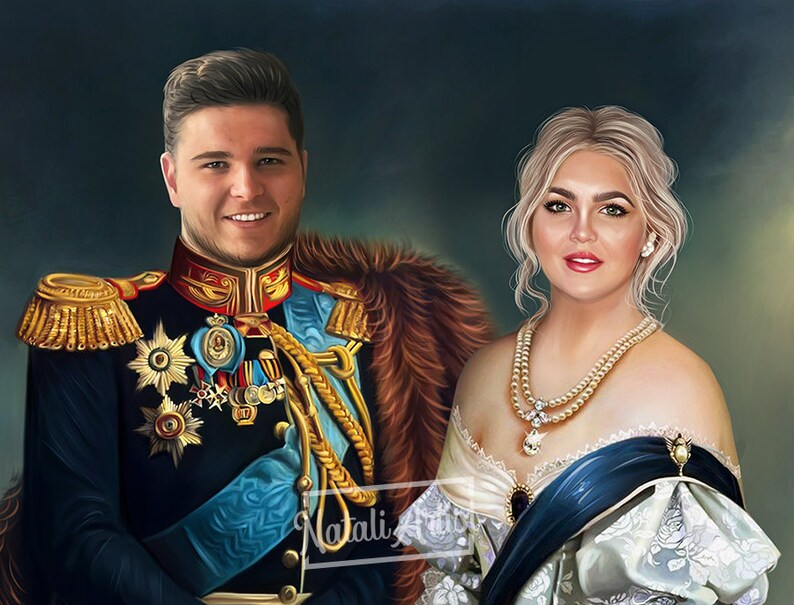 Pode incluir: Uma pintura de um casal vestido com trajes formais. O homem est&aacute; vestindo um uniforme militar azul com detalhes dourados e medalhas. A mulher est&aacute; vestindo um vestido branco com uma faixa azul e um colar de p&eacute;rolas. O fundo &eacute; azul escuro.