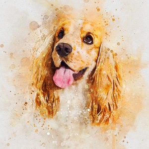 May include: A watercolor painting of a dog named Buddy. The dog is a Cocker Spaniel with brown and white fur. The dog is looking to the left and has its tongue sticking out. The background is a light brown color with white and brown splatters.