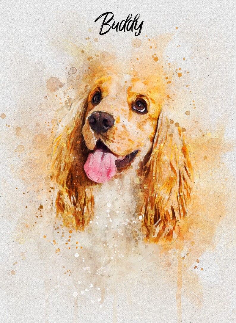 May include: A watercolor painting of a dog named Buddy. The dog is a Cocker Spaniel with brown and white fur. The dog is looking to the left and has its tongue sticking out. The background is a light brown color with white and brown splatters.