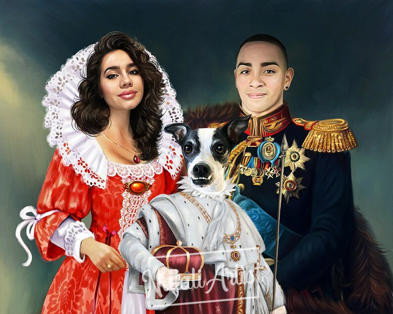 Pode incluir: Uma pintura de uma mulher com um vestido vermelho e branco, um homem com um uniforme militar azul e dourado e um c&atilde;o preto e branco com uma coroa. A mulher est&aacute; segurando a pata do c&atilde;o.