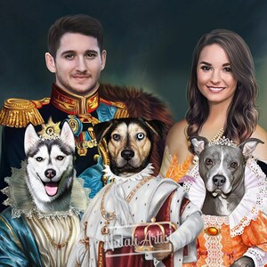 May include: A painting of a couple and their two dogs dressed in royal attire. The man is wearing a gold and red military uniform, while the woman is wearing a white dress with a gold crown. The dogs are wearing matching outfits, one in a blue and gold dress and the other in a white and gold suit. The painting is set against a dark green background.