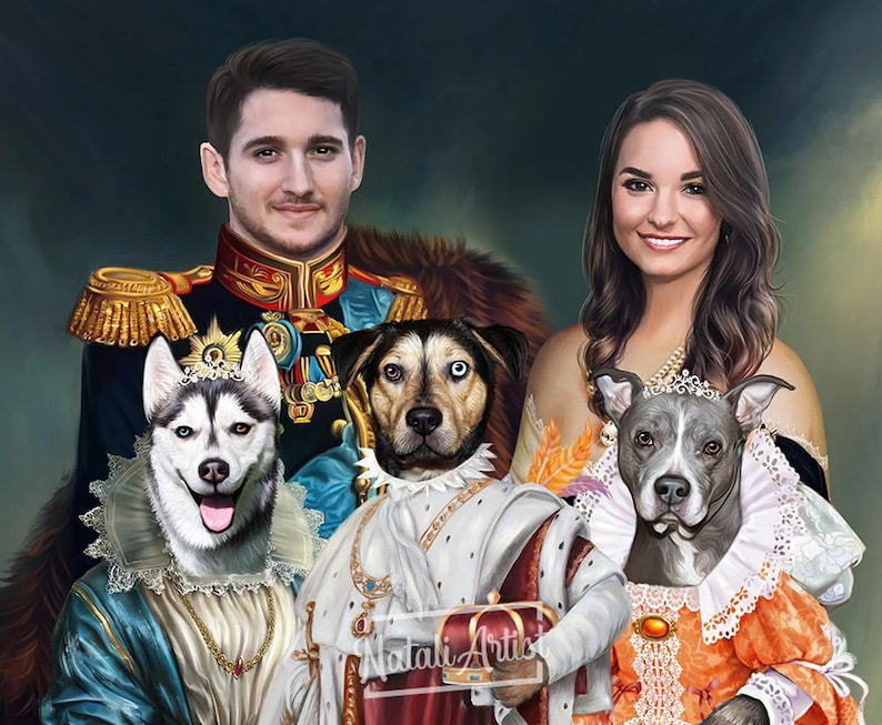 May include: A painting of a couple and their two dogs dressed in royal attire. The man is wearing a gold and red military uniform, while the woman is wearing a white dress with a gold crown. The dogs are wearing matching outfits, one in a blue and gold dress and the other in a white and gold suit. The painting is set against a dark green background.