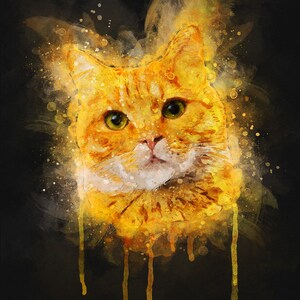 May include: A watercolor painting of a ginger cat named Luna. The cat's fur is a vibrant orange with white markings. The background is a dark black with splashes of yellow paint.