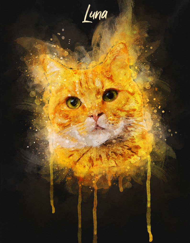 May include: A watercolor painting of a ginger cat named Luna. The cat's fur is a vibrant orange with white markings. The background is a dark black with splashes of yellow paint.