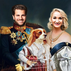 May include: A painting of a couple dressed in royal attire with their dog. The man is wearing a blue and gold military uniform with medals. The woman is wearing a white and blue gown with a pearl necklace. The dog is wearing a white and gold robe and holding a crown.