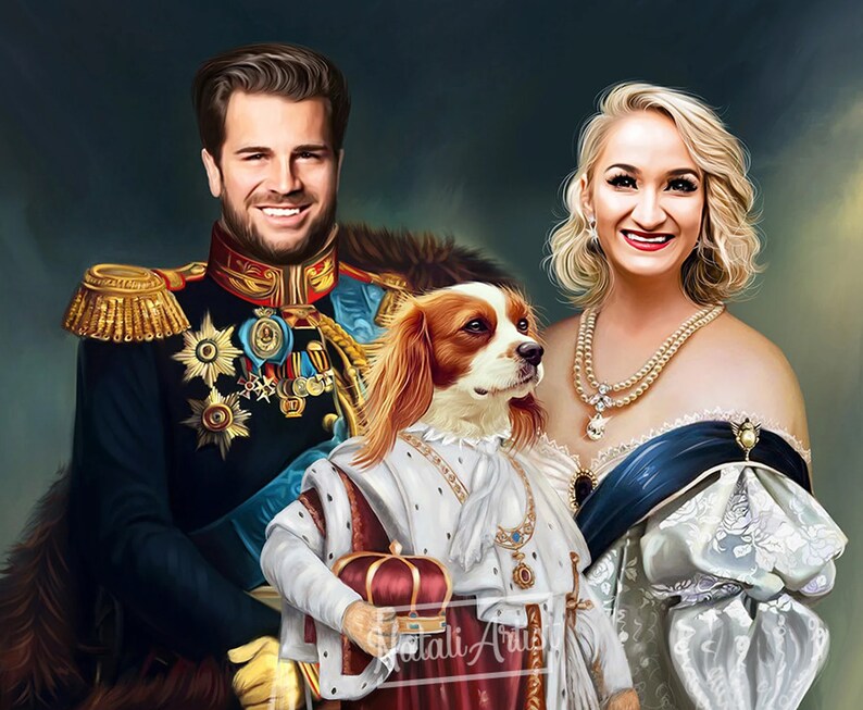 May include: A painting of a couple dressed in royal attire with their dog. The man is wearing a blue and gold military uniform with medals. The woman is wearing a white and blue gown with a pearl necklace. The dog is wearing a white and gold robe and holding a crown.