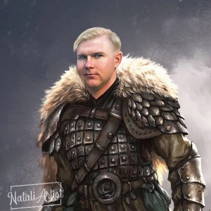 May include: A man with blond hair wearing brown leather and metal armour with a fur collar. The armour has a decorative metal piece on the chest. The man is standing in front of a grey background.