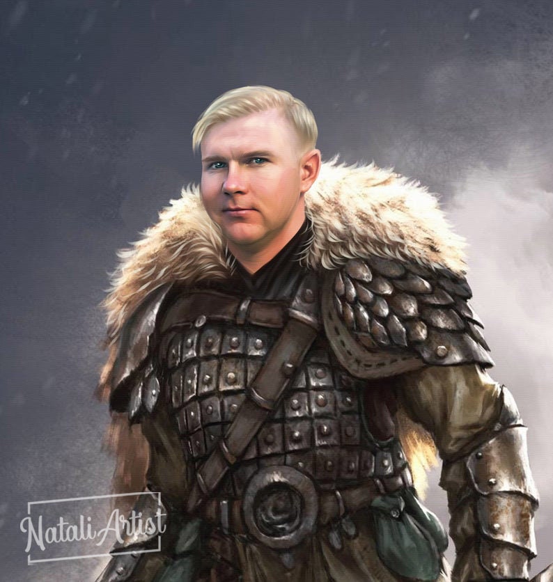 May include: A man with blond hair wearing brown leather and metal armour with a fur collar. The armour has a decorative metal piece on the chest. The man is standing in front of a grey background.