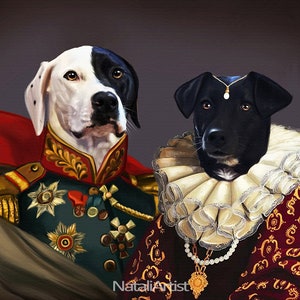 May include: A painting of two dogs dressed in historical attire. The dog on the left is white with black spots and is wearing a military uniform with gold trim. The dog on the right is black and is wearing a red and gold dress with a white lace collar.