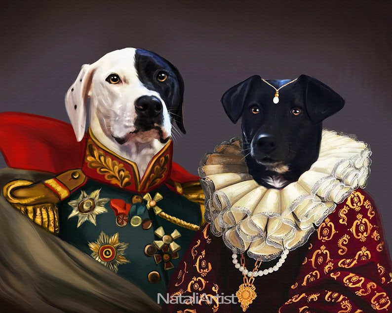May include: A painting of two dogs dressed in historical attire. The dog on the left is white with black spots and is wearing a military uniform with gold trim. The dog on the right is black and is wearing a red and gold dress with a white lace collar.