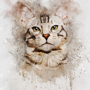 May include: A watercolor painting of a tabby cat with green eyes. The cat's name, "Mia", is written in black above the cat.