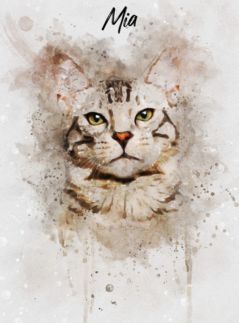 May include: A watercolor painting of a tabby cat with green eyes. The cat's name, "Mia", is written in black above the cat.