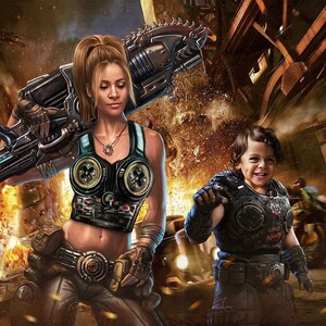 May include: A woman and a child dressed in futuristic combat gear, holding weapons, in a scene of urban warfare. The woman is wearing a black and brown vest with a large gun strapped to her back. The child is wearing a black and gray suit with a smaller gun. The background is a cityscape with explosions and smoke.