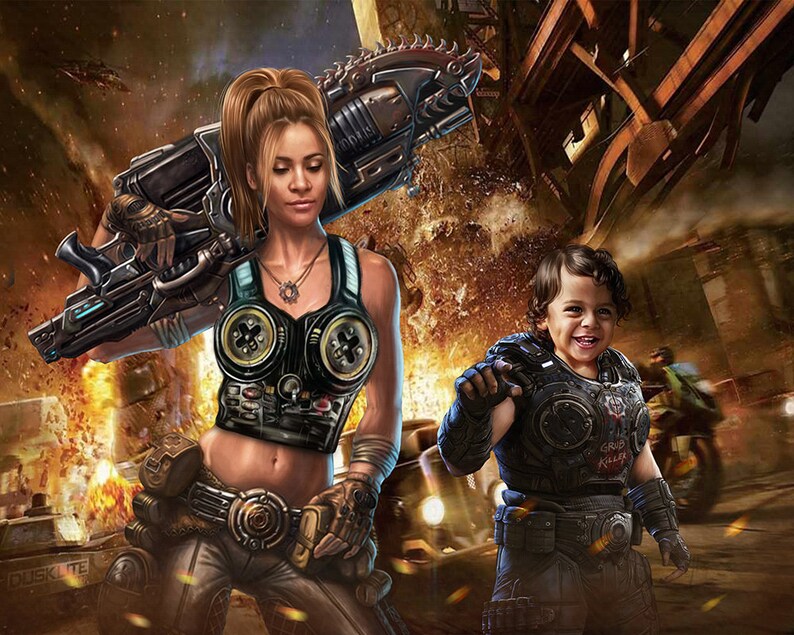 May include: A woman and a child dressed in futuristic combat gear, holding weapons, in a scene of urban warfare. The woman is wearing a black and brown vest with a large gun strapped to her back. The child is wearing a black and gray suit with a smaller gun. The background is a cityscape with explosions and smoke.