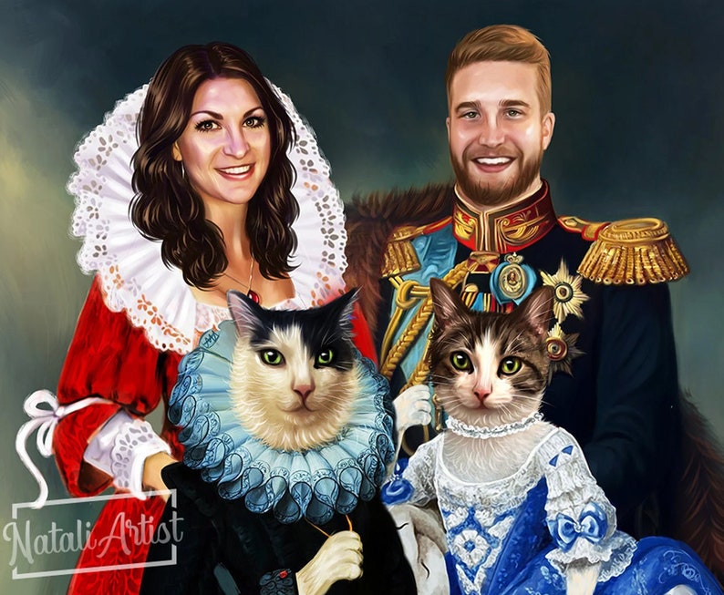 May include: A painting of a couple dressed in royal attire with their two cats. The woman is wearing a red dress with a white lace collar and a black and white cat is sitting on her lap. The man is wearing a blue and gold military uniform and a tabby cat is sitting on his shoulder. The painting is done in a realistic style and has a warm, inviting feel.