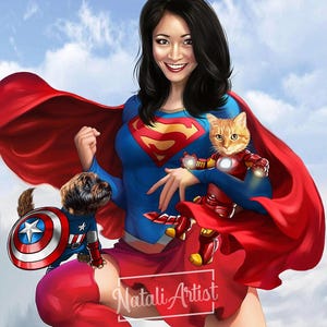 May include: A woman dressed as Superwoman with a red cape and blue and red costume, holding a cat dressed as Iron Man. A small dog wearing a Captain America costume is standing on her leg. The background is a blue sky with white clouds.