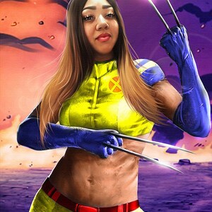 May include: A woman dressed as a superhero with yellow and blue clothing, holding out her claws. The background is a purple and orange sunset. The text "SHATASIA" is at the top of the image.