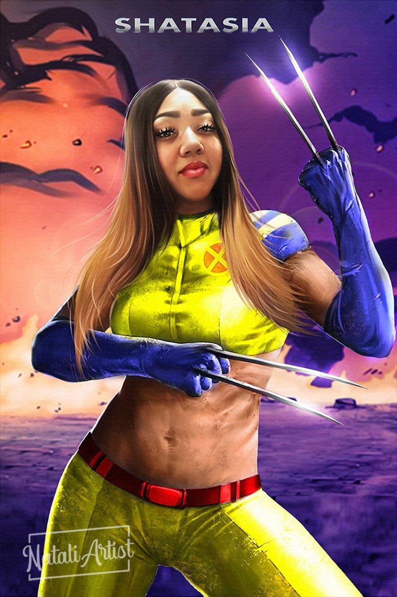 May include: A woman dressed as a superhero with yellow and blue clothing, holding out her claws. The background is a purple and orange sunset. The text "SHATASIA" is at the top of the image.