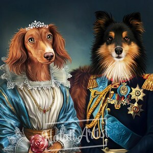 May include: A portrait of two dogs dressed in royal attire. A brown dachshund wearing a blue and white dress with a crown and a black and white sheepdog wearing a blue and gold military uniform.