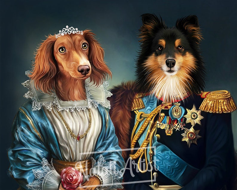 May include: A portrait of two dogs dressed in royal attire. A brown dachshund wearing a blue and white dress with a crown and a black and white sheepdog wearing a blue and gold military uniform.