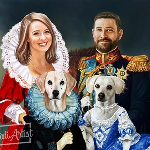 May include: A painting of a couple and their two dogs in a royal setting. The woman is wearing a red dress with a white lace collar. The man is wearing a blue military uniform with gold trim. The dogs are wearing matching outfits, one in blue and one in white.