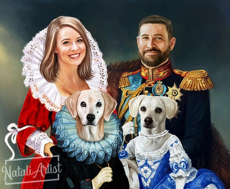 May include: A painting of a couple and their two dogs in a royal setting. The woman is wearing a red dress with a white lace collar. The man is wearing a blue military uniform with gold trim. The dogs are wearing matching outfits, one in blue and one in white.