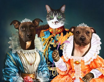 Benutzerdefinierte Renaissance Haustierporträt, königlicher Hund oder Katze Kunst, Familienporträt