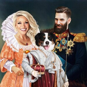 May include: A painting of a woman in a white and orange dress, a man in a blue and gold uniform, and a dog wearing a crown and a white and gold robe. The dog is holding a red and gold crown.