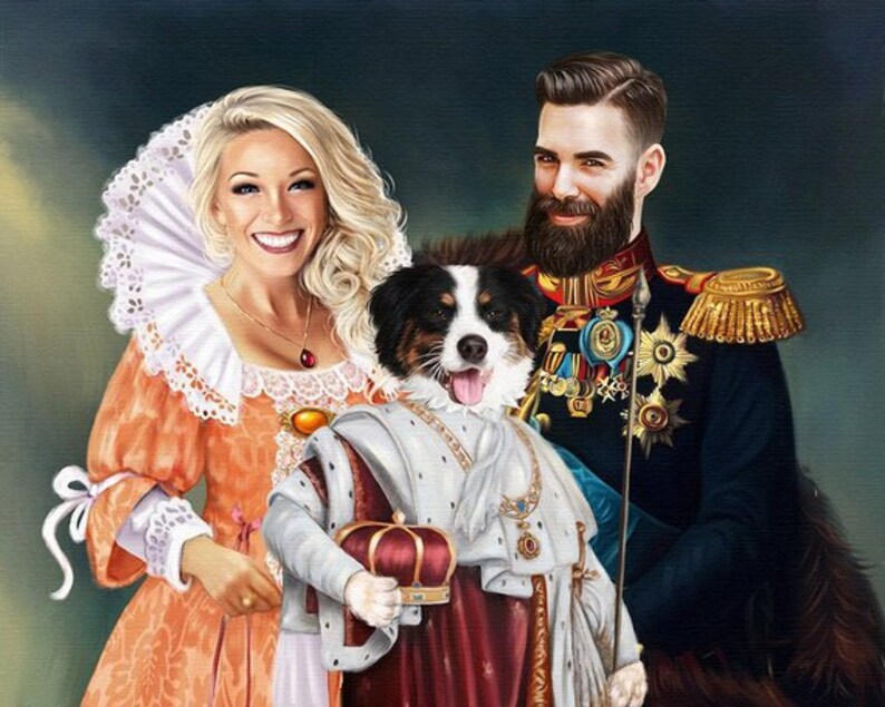 May include: A painting of a woman in a white and orange dress, a man in a blue and gold uniform, and a dog wearing a crown and a white and gold robe. The dog is holding a red and gold crown.
