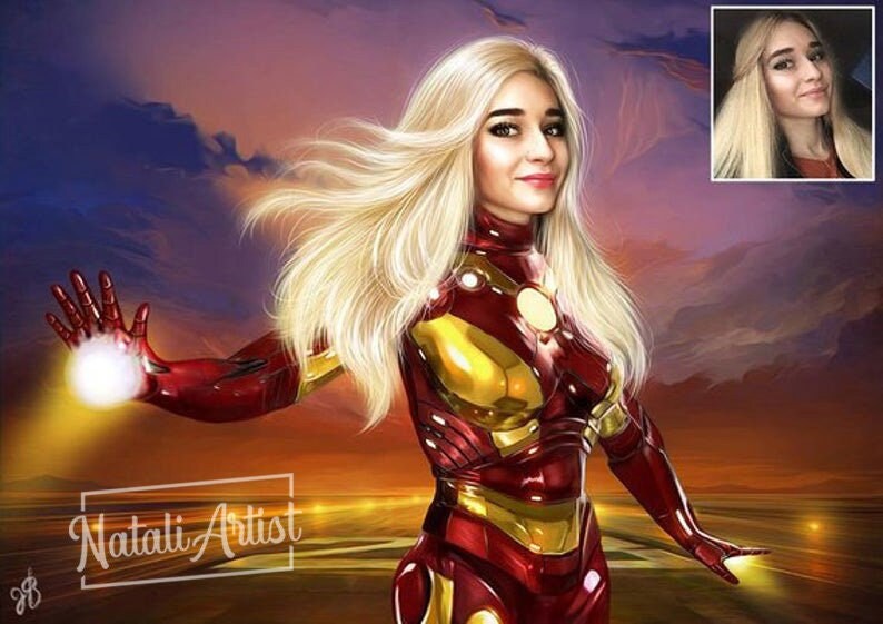 May include: A woman with long blonde hair is dressed as Iron Man. She is wearing a red and gold suit with a glowing repulsor beam in her hand. The background is a sunset sky with clouds.