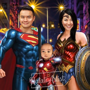 Superheroes Family Portrait - Custom cartoon portrait, custom caricature, Super family illustration, gift for family, Digital superhero