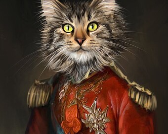 Op de afbeelding: Een portret van een kat die is gekleed als een militair officier. De kat heeft bruin en wit haar en groene ogen. De kat draagt een rood en gouden uniform met een blauwe sjerp. De naam van de kat, "TOMMY", staat in gouden letters bovenaan de afbeelding.