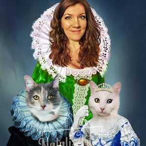 May include: A woman in a green and white dress with a large white ruff collar poses with two cats. One cat is wearing a blue ruff collar and the other is wearing a blue dress with a white crown.