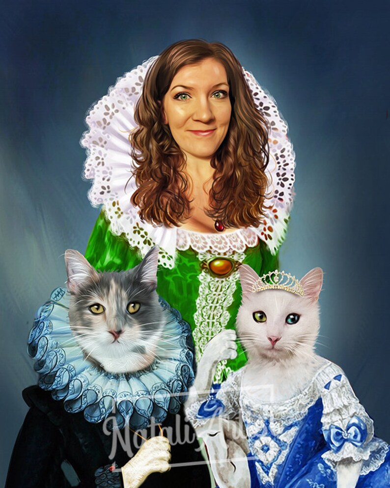 May include: A woman in a green and white dress with a large white ruff collar poses with two cats. One cat is wearing a blue ruff collar and the other is wearing a blue dress with a white crown.