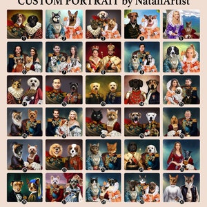 May include: A collage of 30 custom portraits of pets in various poses and outfits. The portraits are painted in a realistic style and feature a variety of animals, including dogs, cats, and a rabbit. The portraits are arranged in a grid pattern and are numbered from 1 to 30.