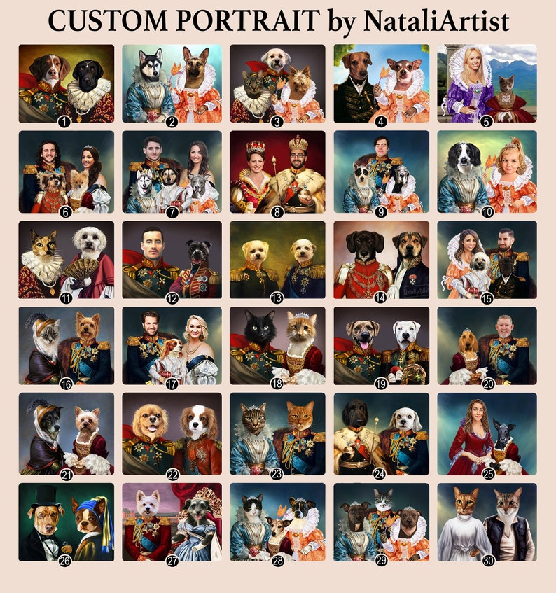 May include: A collage of 30 custom portraits of pets in various poses and outfits. The portraits are painted in a realistic style and feature a variety of animals, including dogs, cats, and a rabbit. The portraits are arranged in a grid pattern and are numbered from 1 to 30.