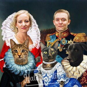 May include: A painting of a couple and their two pets dressed in historical attire. The woman is wearing a red dress with a white lace collar and a blue and white ruff. The man is wearing a military uniform with gold trim. The cat on the left is wearing a blue and white ruff, and the cat on the right is wearing a white lace collar and a blue dress. The dog is wearing a white lace collar.