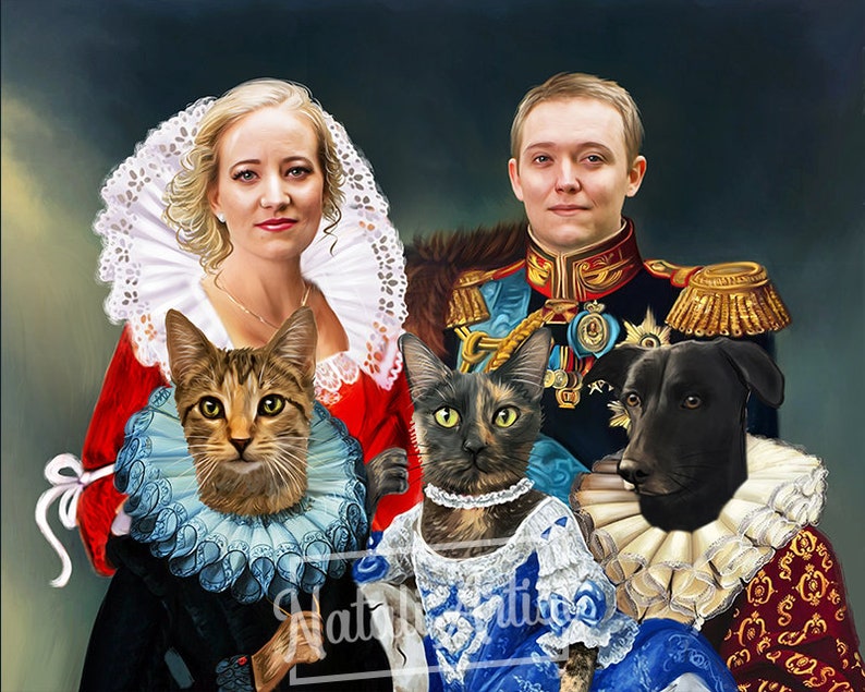 May include: A painting of a couple and their two pets dressed in historical attire. The woman is wearing a red dress with a white lace collar and a blue and white ruff. The man is wearing a military uniform with gold trim. The cat on the left is wearing a blue and white ruff, and the cat on the right is wearing a white lace collar and a blue dress. The dog is wearing a white lace collar.