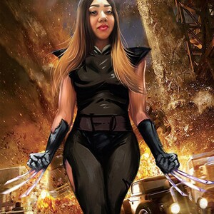 May include: A woman in a black and grey costume with claws on her hands stands in front of a burning car and a destroyed building. The background is a dark, starry sky.