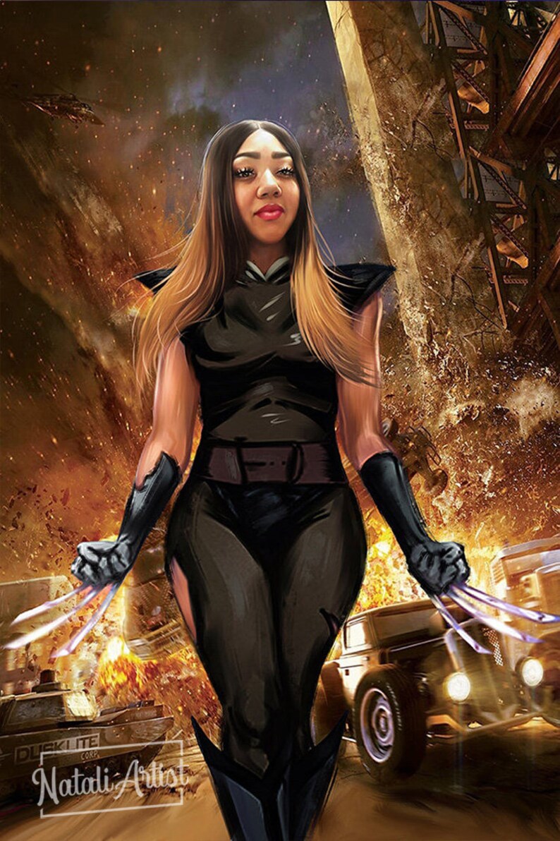 May include: A woman in a black and grey costume with claws on her hands stands in front of a burning car and a destroyed building. The background is a dark, starry sky.
