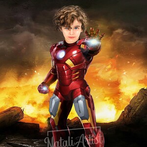 May include: A young boy dressed as Iron Man, a superhero from the Marvel universe. He is wearing a red and gold suit with a glowing arc reactor on his chest. The background is a fiery explosion.