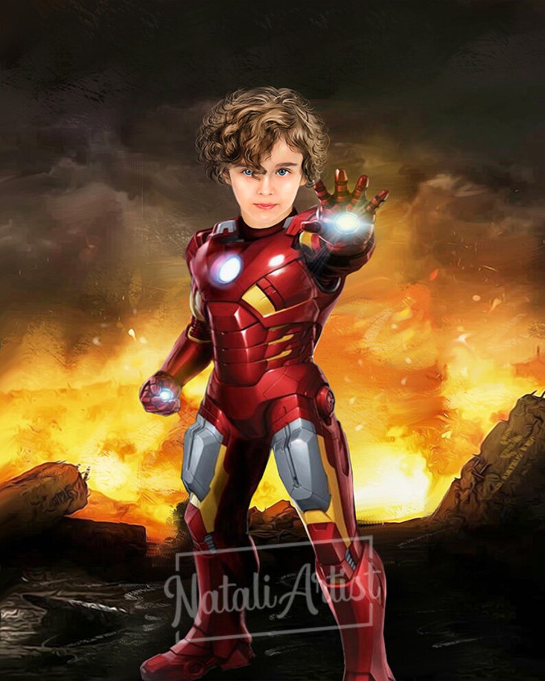 May include: A young boy dressed as Iron Man, a superhero from the Marvel universe. He is wearing a red and gold suit with a glowing arc reactor on his chest. The background is a fiery explosion.