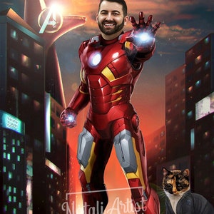 May include: A digital illustration of a man dressed as Iron Man, standing in a futuristic city. The man is smiling and holding out his hand, which is glowing with energy. A cat dressed as Black Widow is standing behind him.