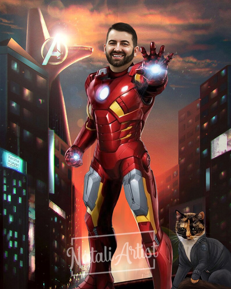May include: A digital illustration of a man dressed as Iron Man, standing in a futuristic city. The man is smiling and holding out his hand, which is glowing with energy. A cat dressed as Black Widow is standing behind him.