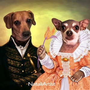 May include: A painting of two dogs dressed in historical attire. The dog on the left is wearing a black and gold military uniform with a sword. The dog on the right is wearing a peach-colored dress with a white lace collar and holding a purple and orange feather.
