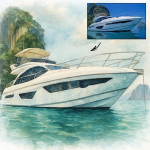 Retrato de yate en acuarela personalizado, pintura de barco personalizada a partir de una foto, regalo único para novios y amantes de los barcos, regalo perfecto para el Día del Padre.